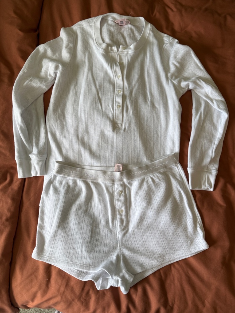 Victoria's Secret White Waffle-Knit Henley Pajama Set
